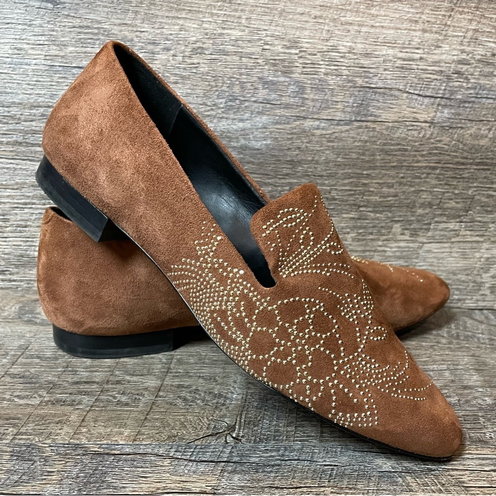 KARL LAGERFELD PARIS ~ Nova ~ Brown Suede Gold Floral Studs ~ Loafers ~ Woman 6M